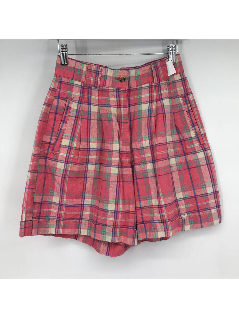 Women's Vintage Carolina Bay Linen High Rise Plaid Pink/Multi Shorts XS